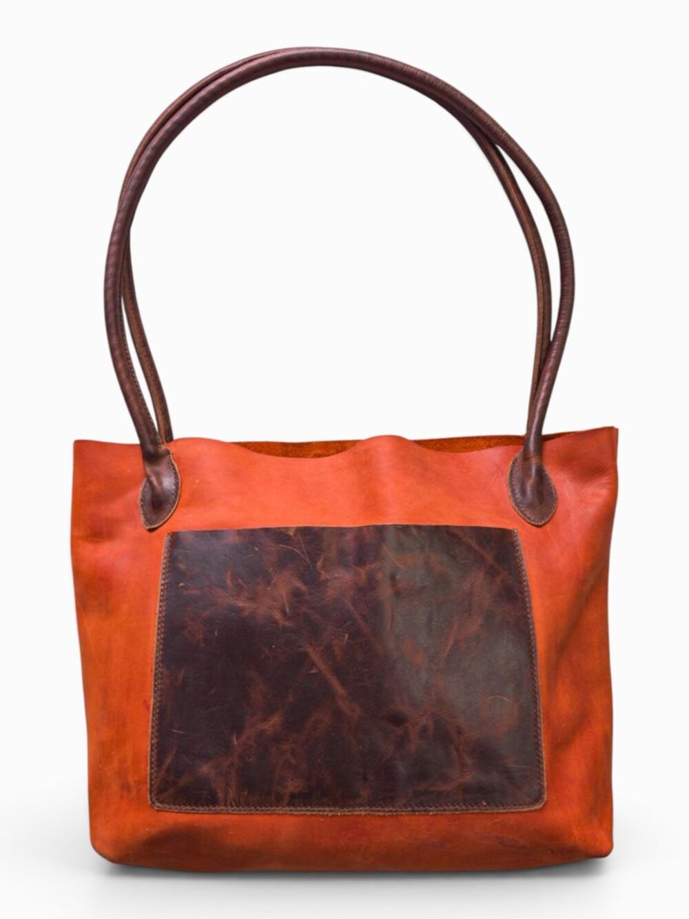 Artisan Orange Nubuck Leather Tote with Brown Leather Accent, 15" W